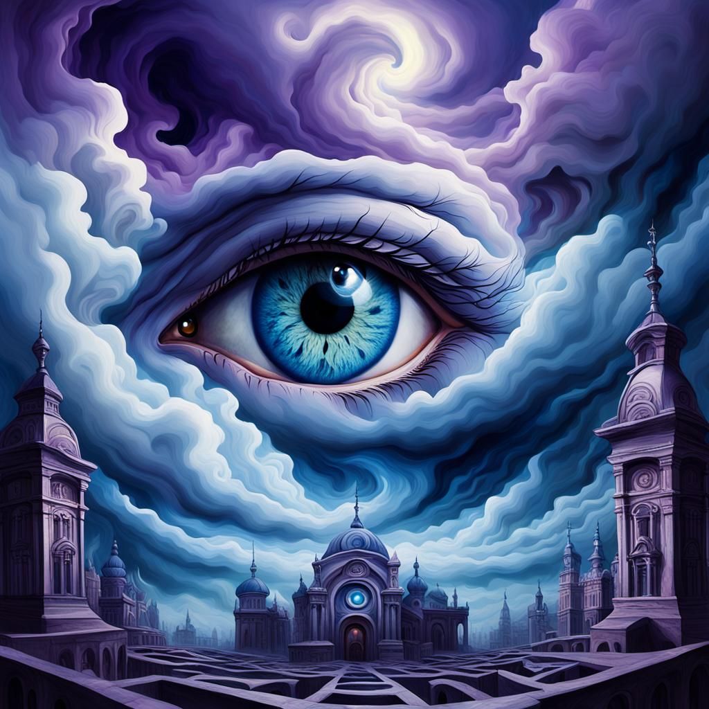Surreal Eye Stares Upward in Dreamlike Landscape