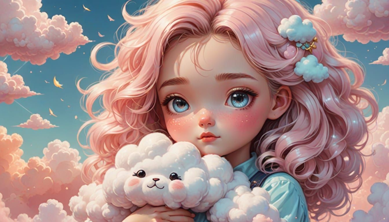 Kawaii Girl Hugs Cloud in Pastel Colors