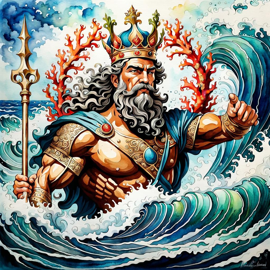 Regal Poseidon Rides a Wave as Watercolor Art