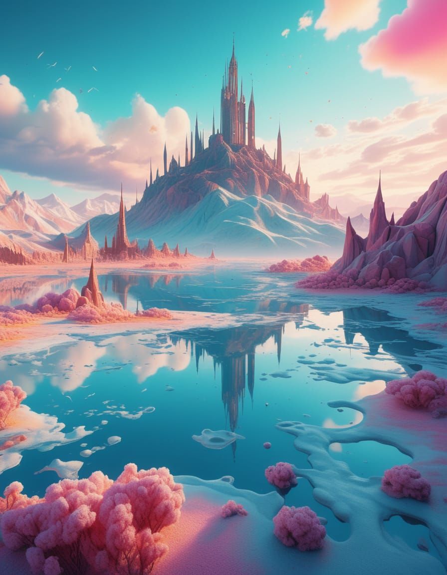 Surreal Dali-Inspired Landscape with Melting Mountains and S...