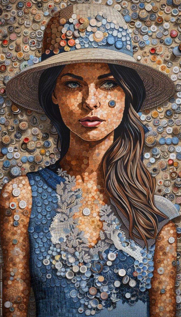 Hyperrealistic Woman Portrait with Bottle Cap Mosaic