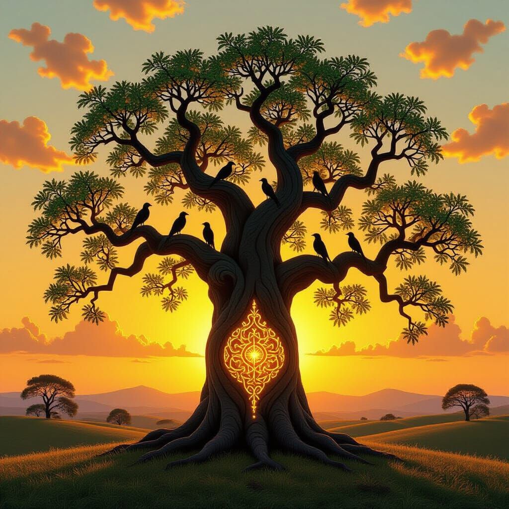 Ancient Tree with Glowing Runes in Surreal Sunset