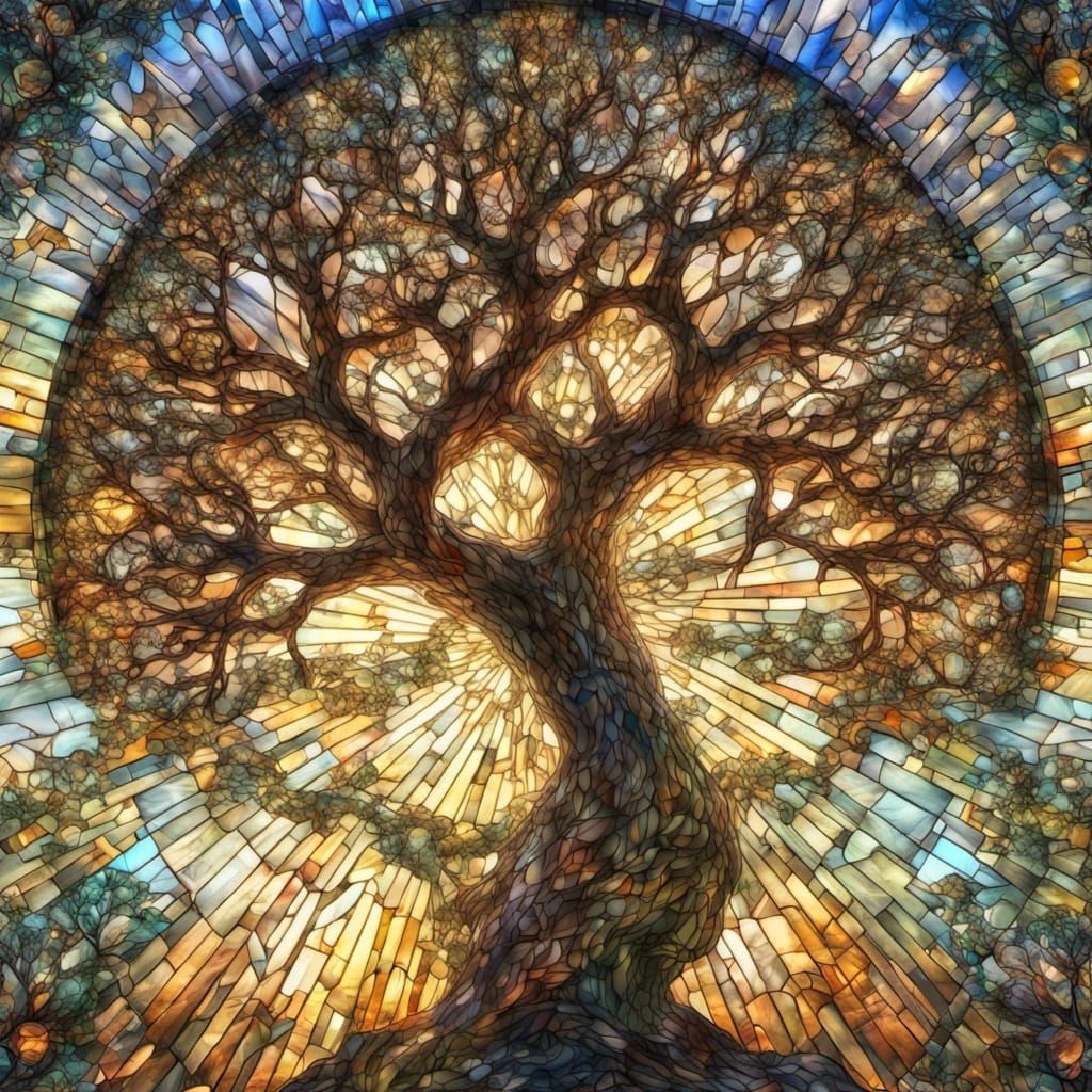 Stained Glass Tree with Fractal Mosaic Effect