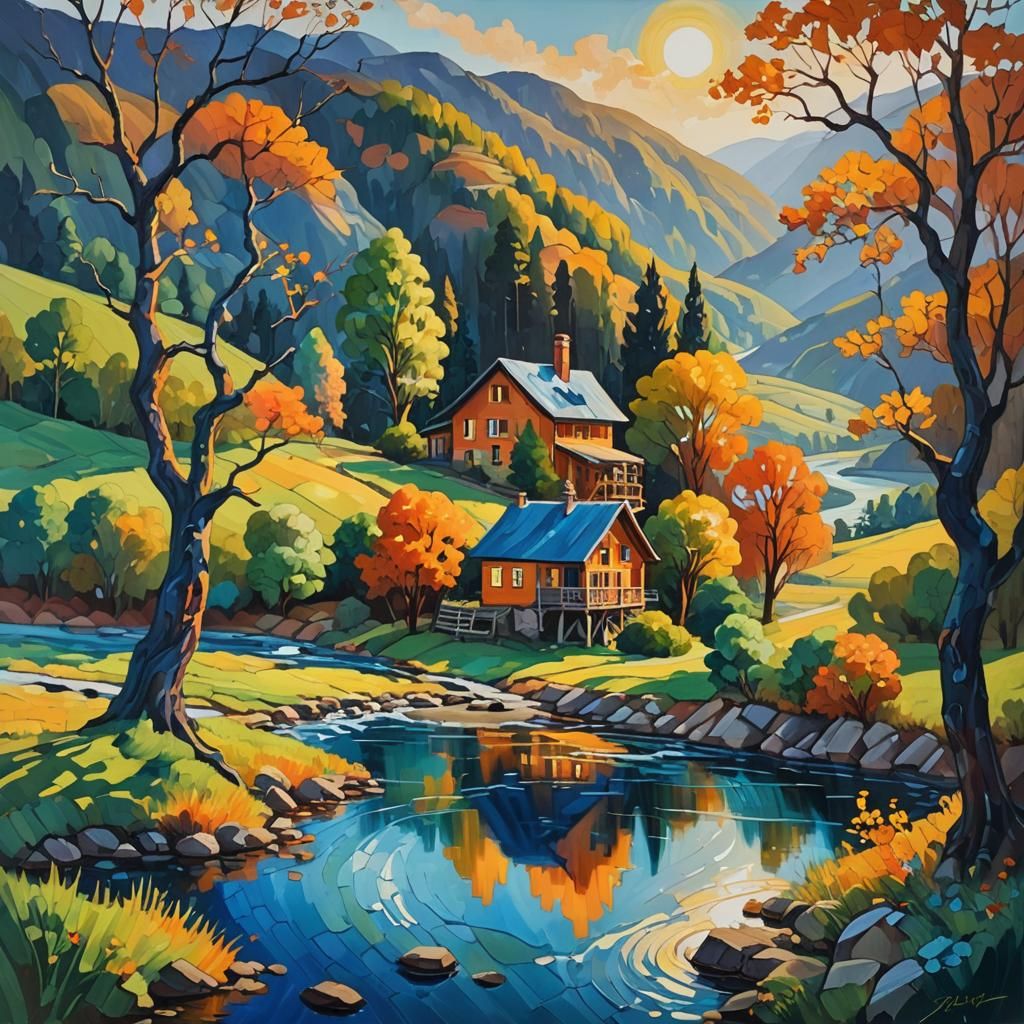 Fauvist River Valley Landscape in Oil Painting