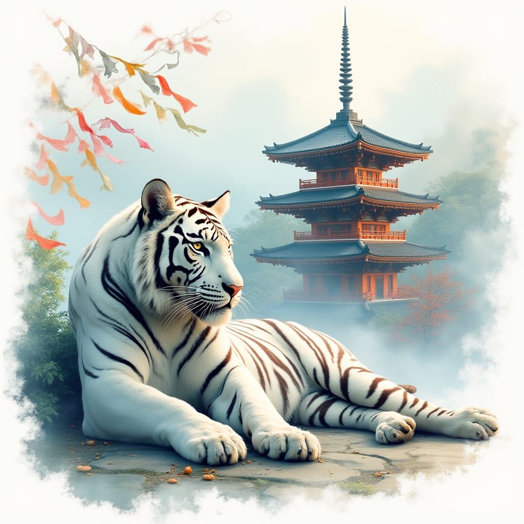 Majestic White Tiger in Enchanting Japanese Temple Scene