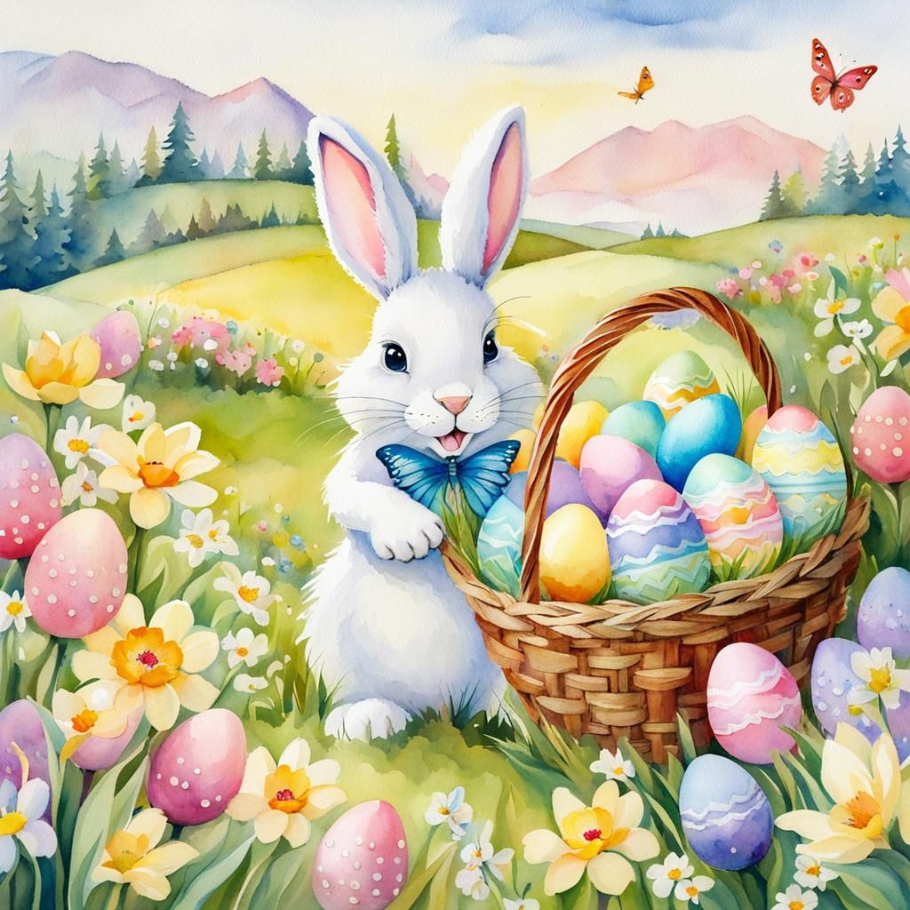 Whimsical Easter Bunny with Pastel Eggs Watercolour