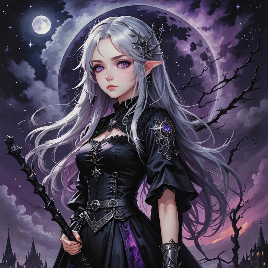 Gothic Anime Girl with Mystical Staff, Oil Painting