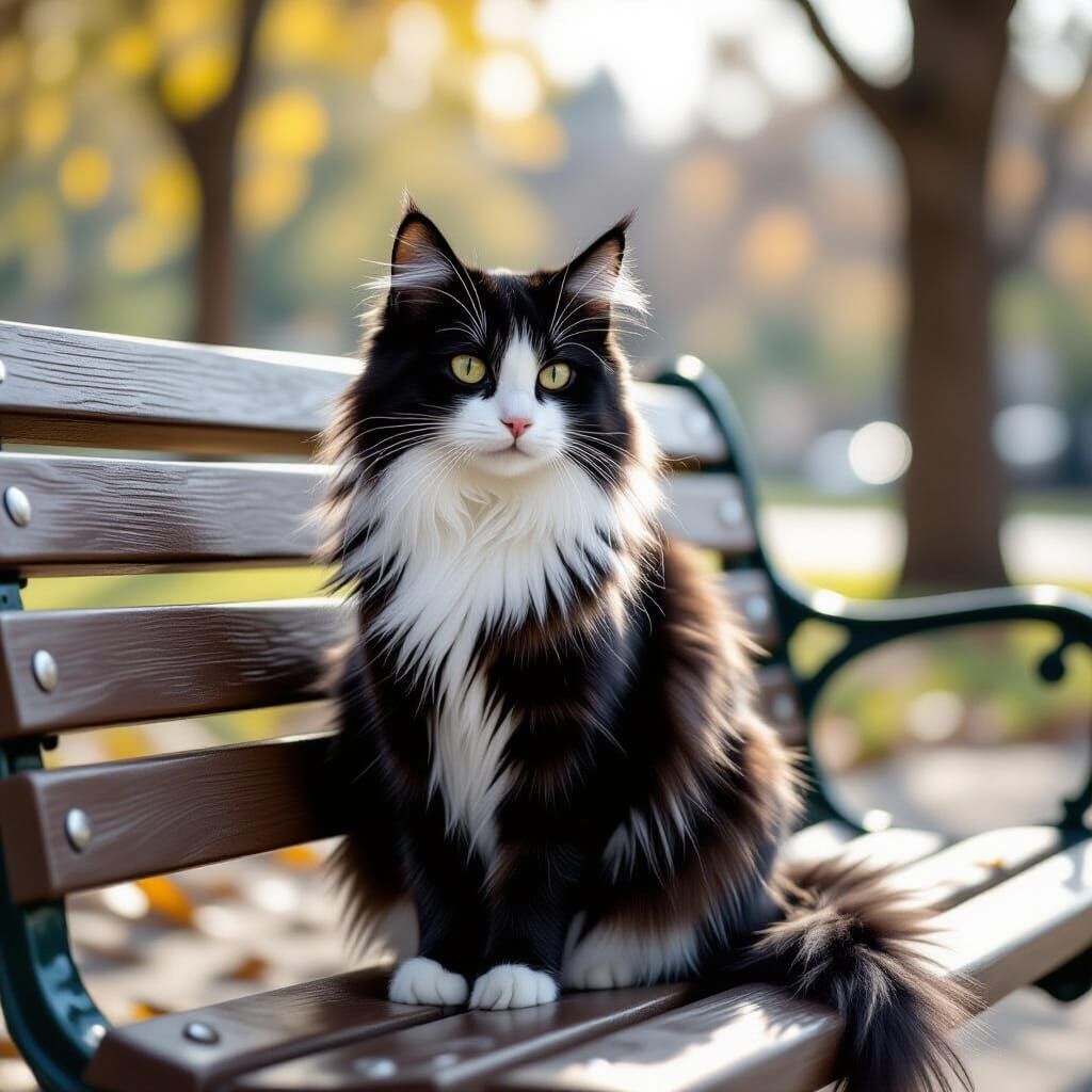 Black and White Cat Sketch on Park Bench