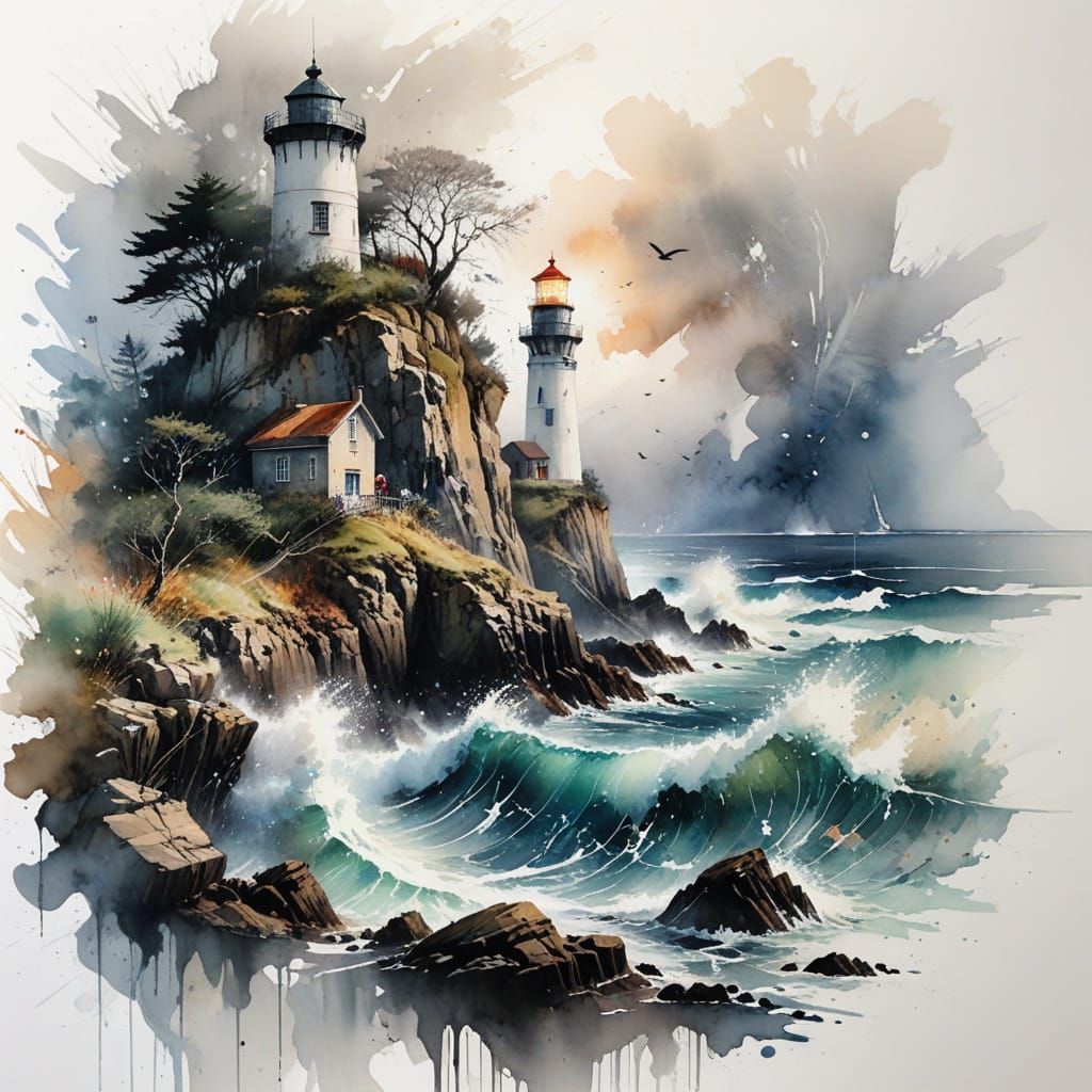 Lighthouse on Windswept Cliff in Watercolour Style