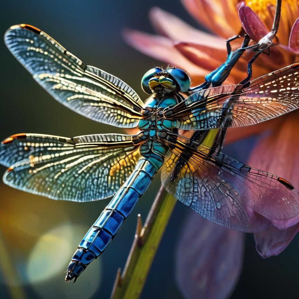 Macro Photo of Dragonfly on Flower with Iridescent Wings
