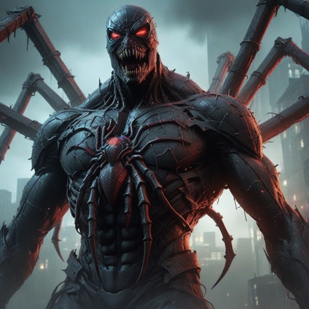 Gothic Spider-Man Monstrosity in Red-Lit City Alley