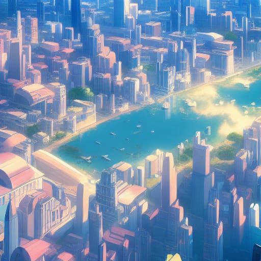 City View from Zeppelin, Ghibli Anime Style