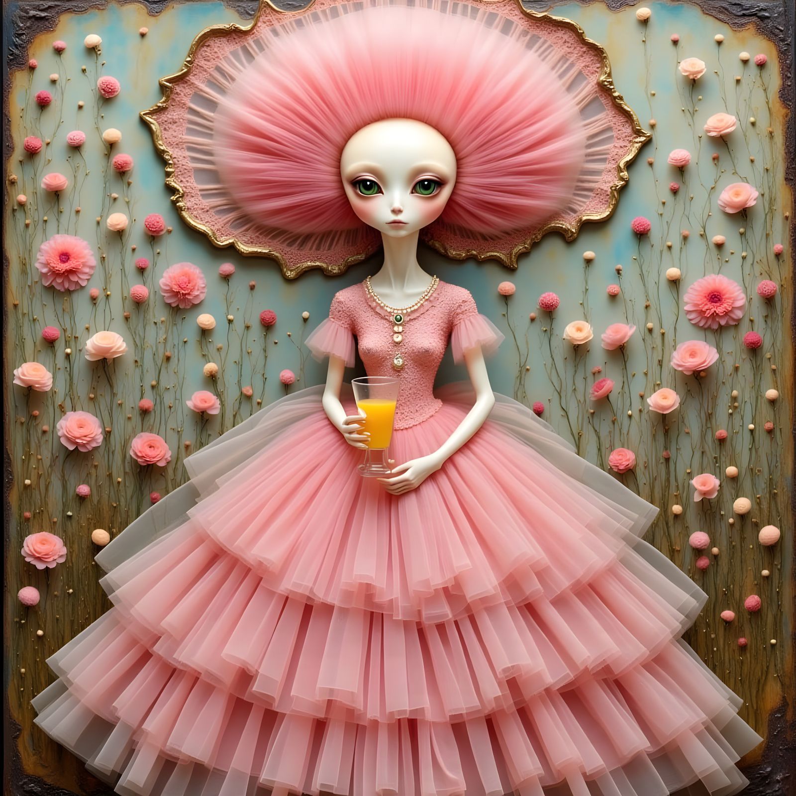 Whimsical Encaustic Alien in a Pink Dress