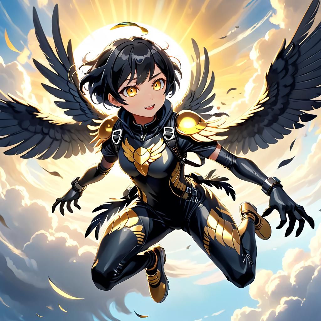 Anime Harpy Paladin Skydiving in Golden Light