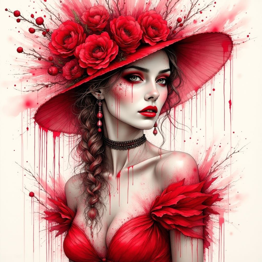 Elegant Queen in Red: Oil Painting with Graffiti Accents