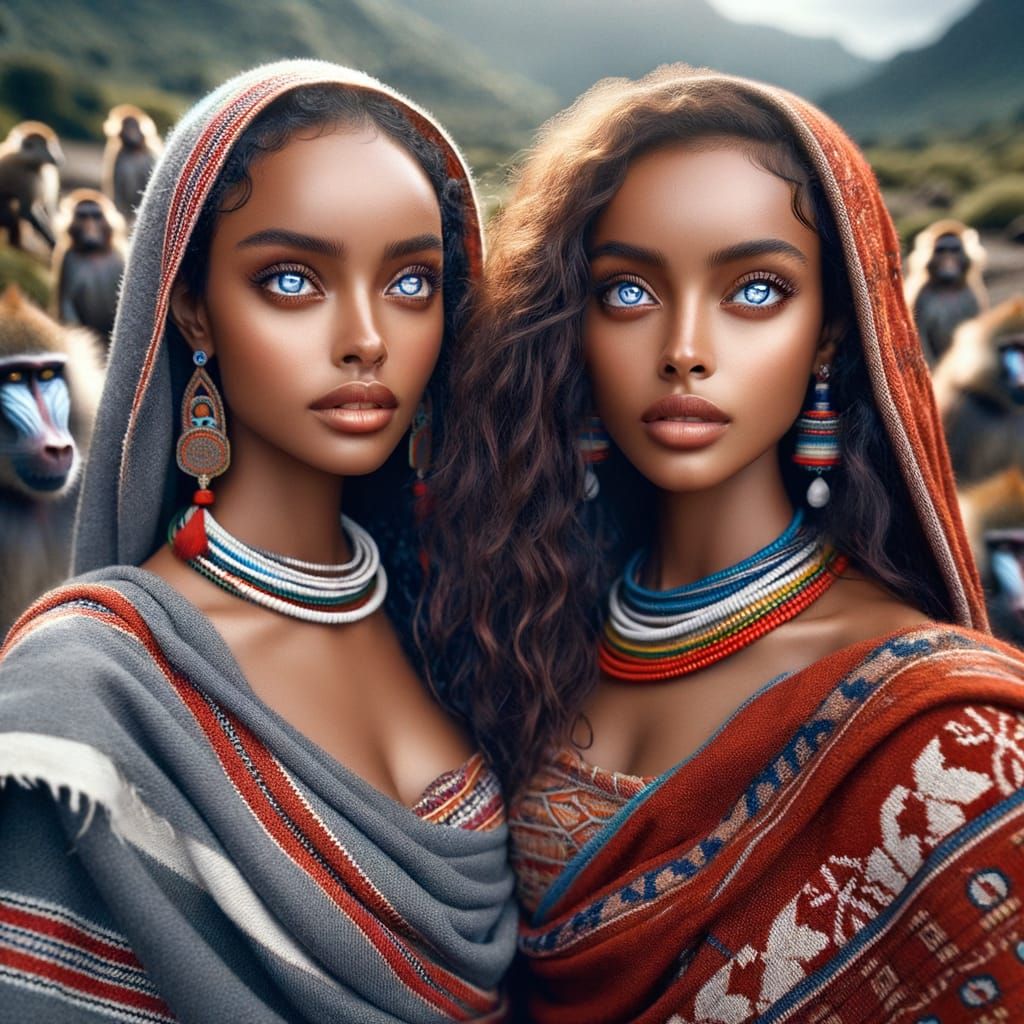 2 Beautiful Ethiopian women with blue eyes wearing tradition...