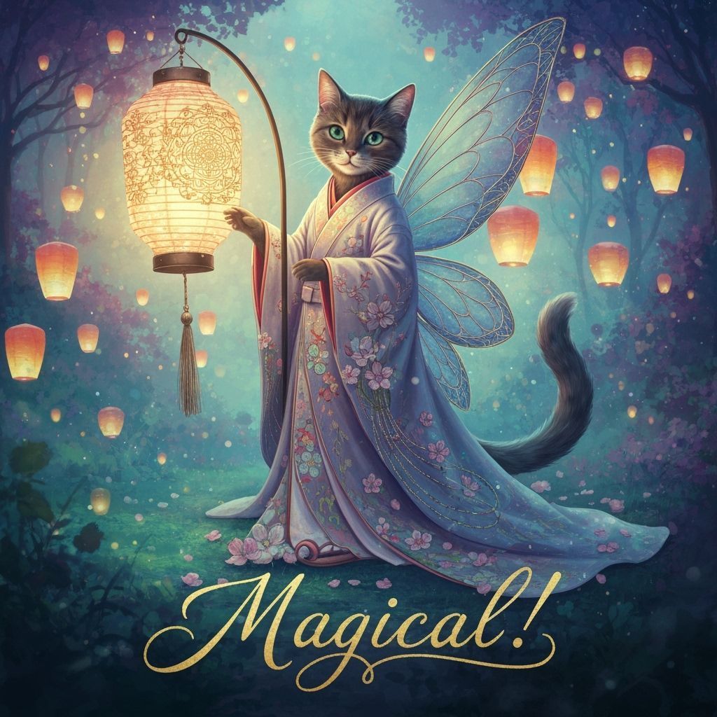 Cat Fairy in Mystical Garden with Lantern