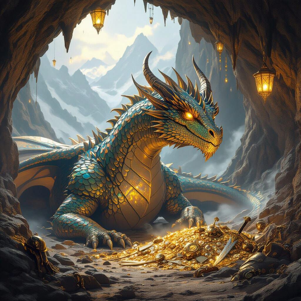 Dragon Guards Massive Gold Hoard in Mountain Cavern