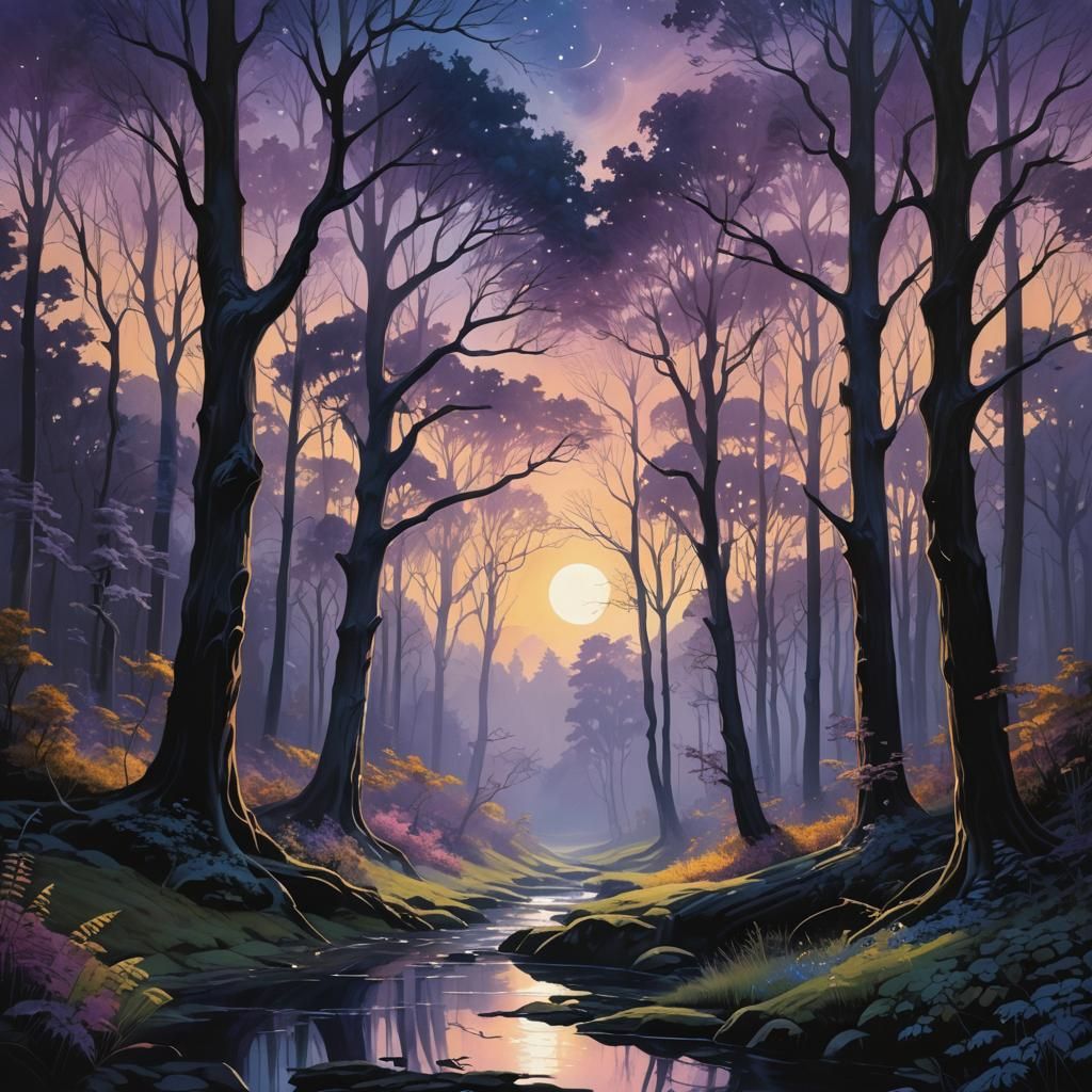 Mystical Forest at Night in Painterly Style