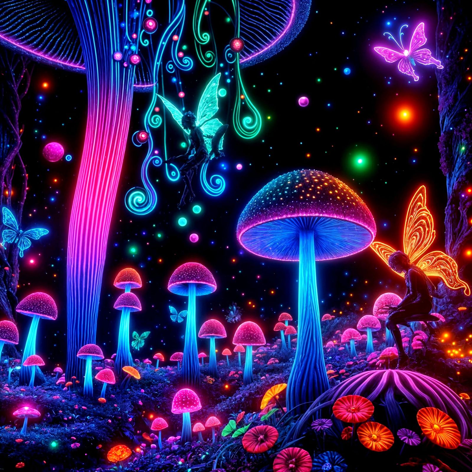 Vibrant Neon Fantasy Scene with Mushrooms and Fairies