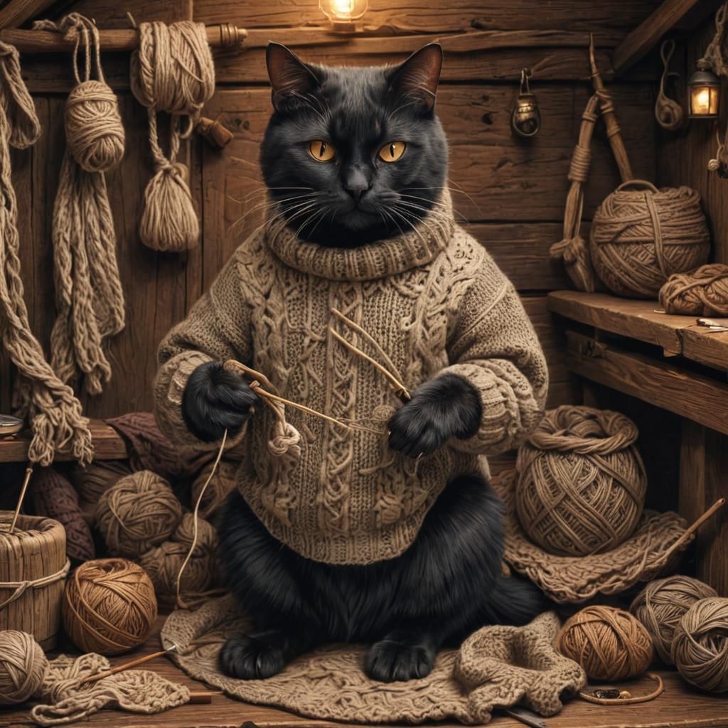 Black Cat Knitting in Cozy Cabin Ink Illustration