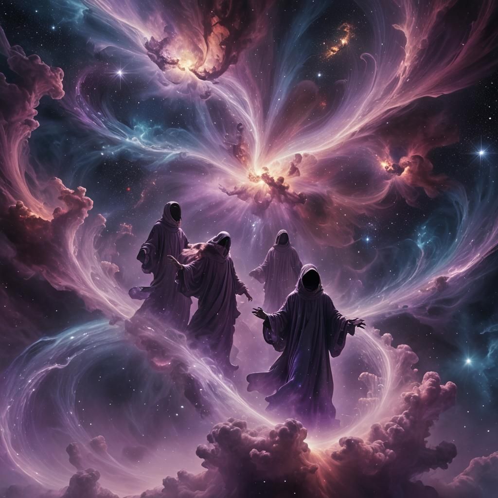 Ethereal Sci-Fi Art: Ghostly Figures in Nebula