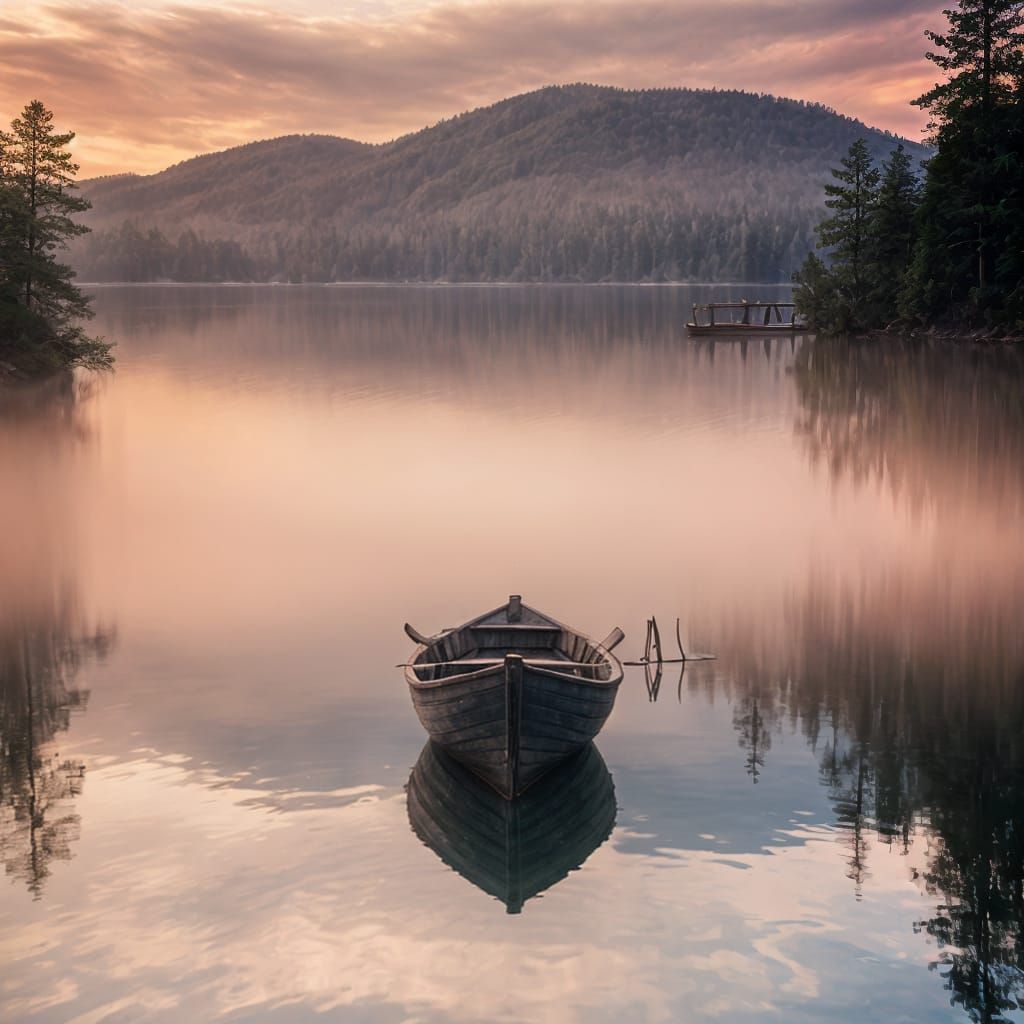 Mysterious Rowboat on a Tranquil Dawn Lake
