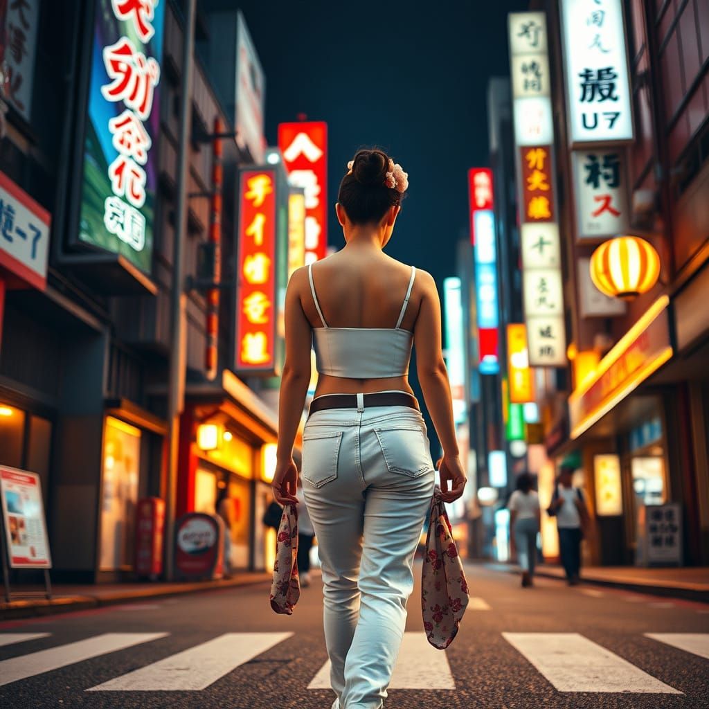 Geisha in Neon Tokyo Street, Modern Style