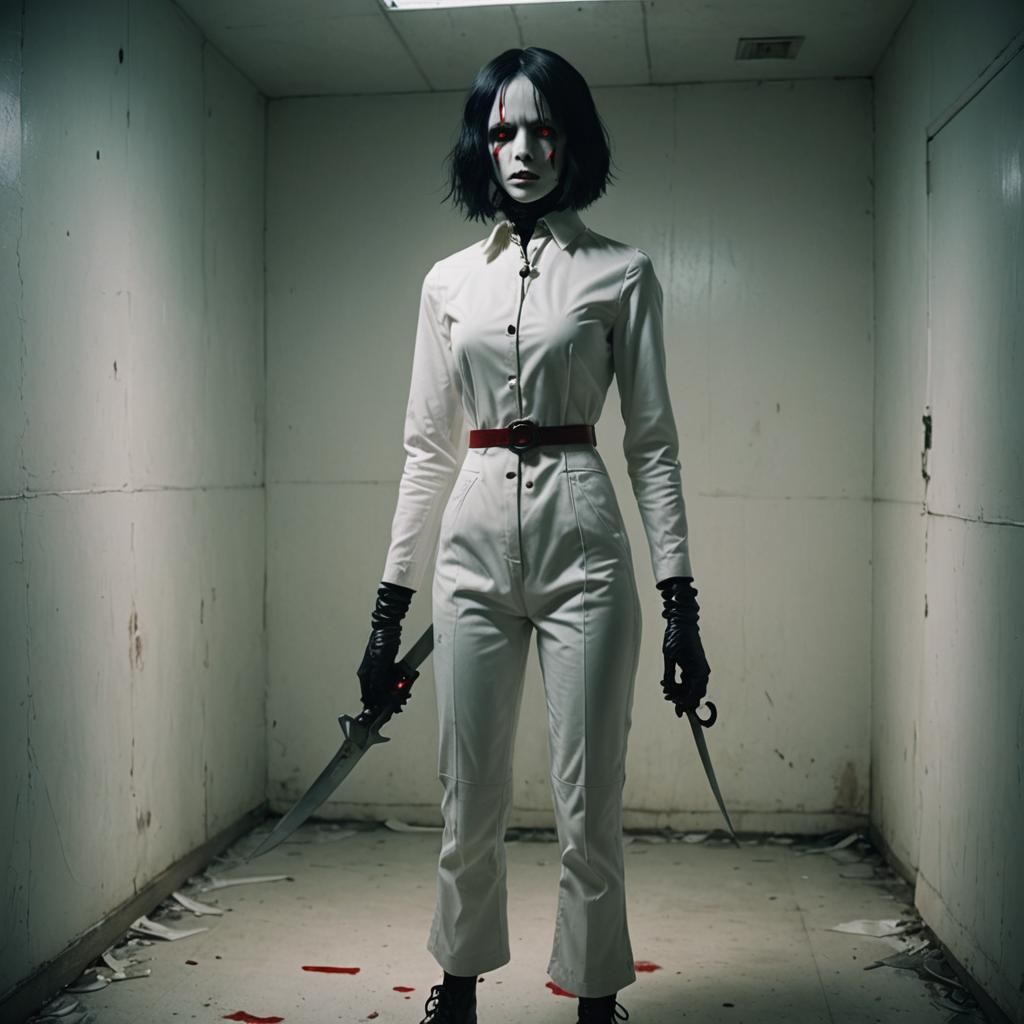 Horror Porcelain Mannequin with Scissors and Red Eyes