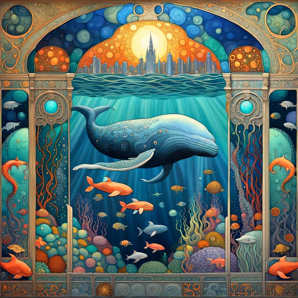 Underwater Whale in Klimt-Inspired Art Nouveau Style
