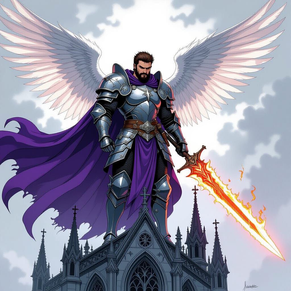 Angelic Warrior with Flaming Sword in Manga Style