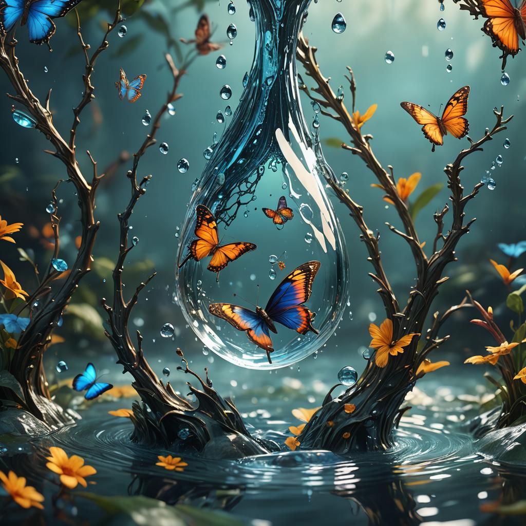 Butterfly Trapped in Water Drop: Detailed Matte Painting