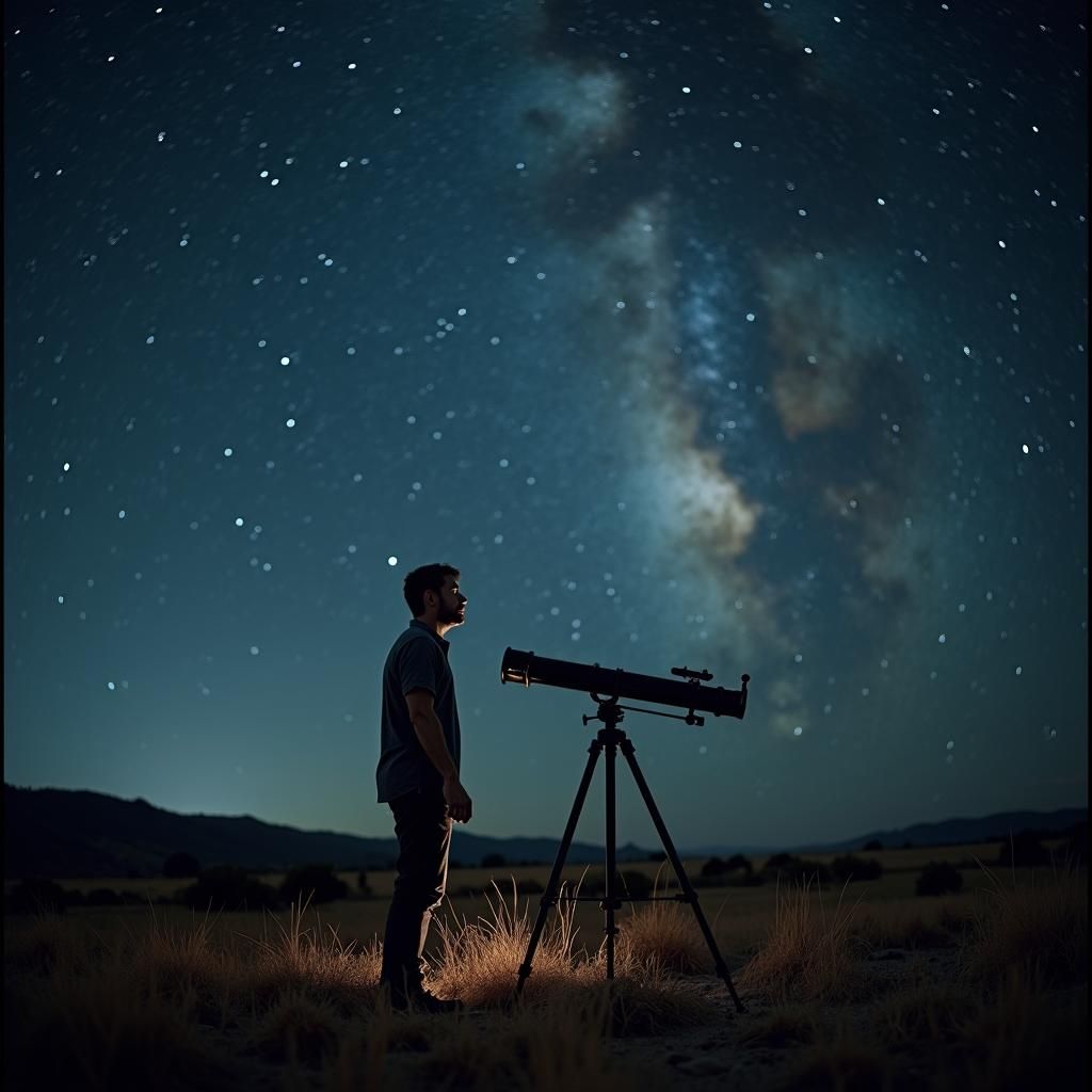 Man Gazing at Starry Cosmos with Telescope