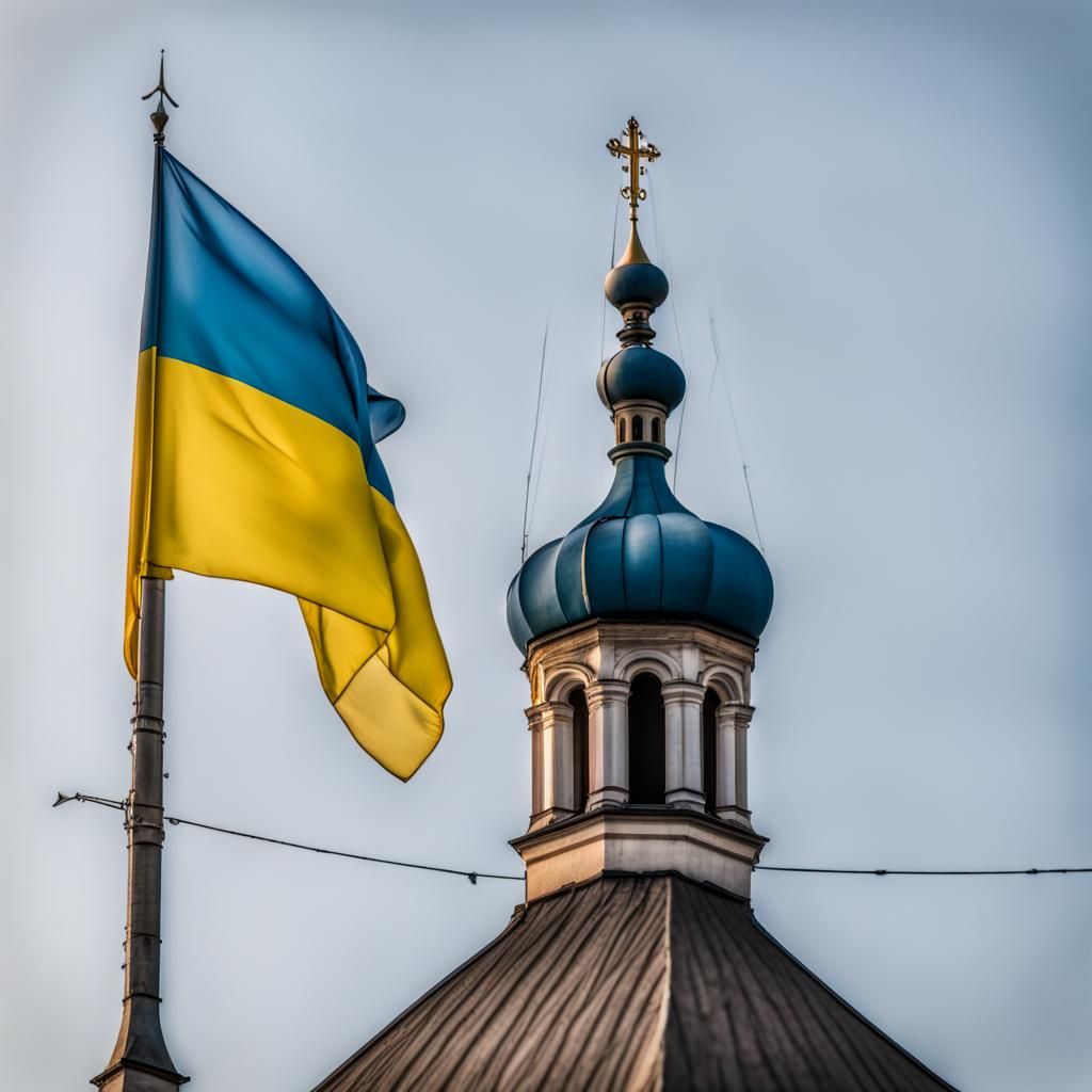 Ukrainian Flag Over Church Steeple