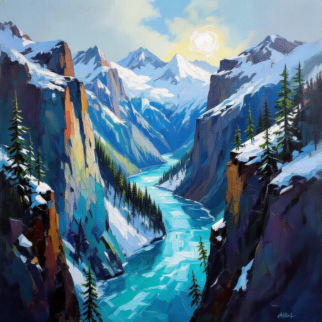 Alaskan Canyon River Landscape in Neo-Impressionist Style