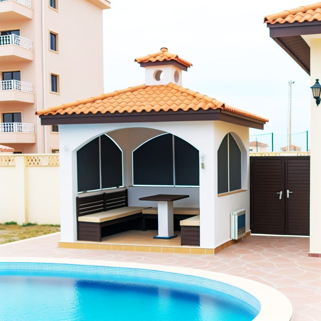 Mediterranean Gazebo Lounge by Pool in Villa Garden
