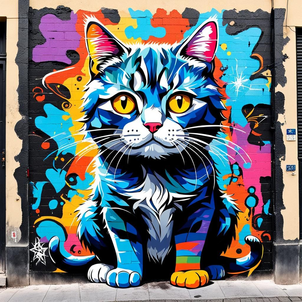 Detailed Graffiti Cat on Brick Wall as Oil Painting