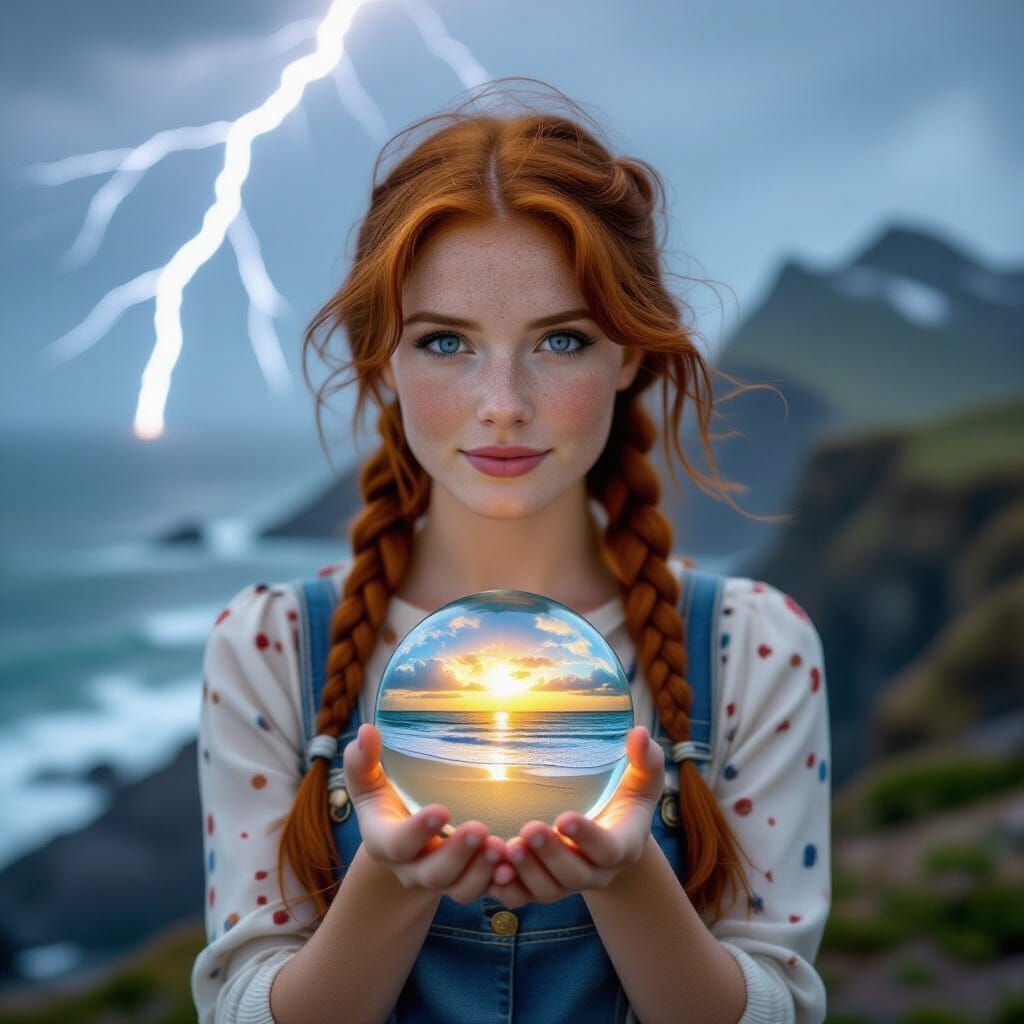 Stormy Cliff Woman Holds Beach Globe