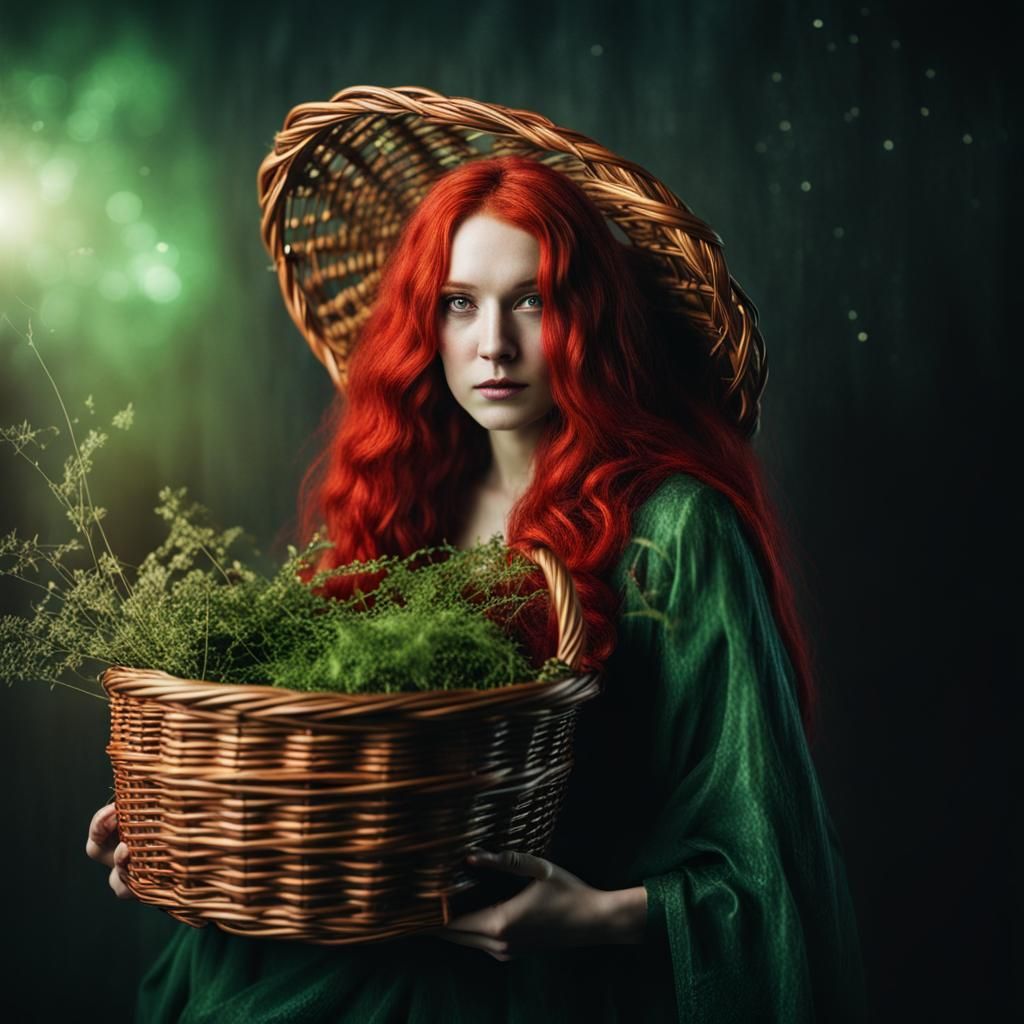 a green iridescent image of a {gorgeous green witch with long, bright red hair holding a huge wicker basket of herbal cu...