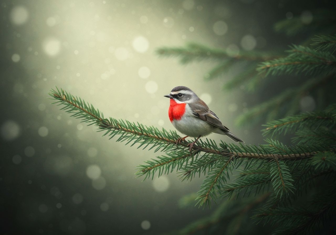Impressionist Mountain Bird on Fir Branch in Misty Forest