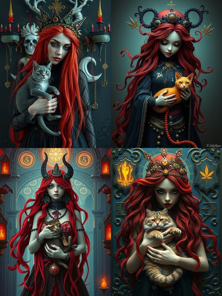 a painting of a woman holding a cat, inspired by Michael Cheval, inspired by Jeremiah Ketner, long glowing red hair, mad...