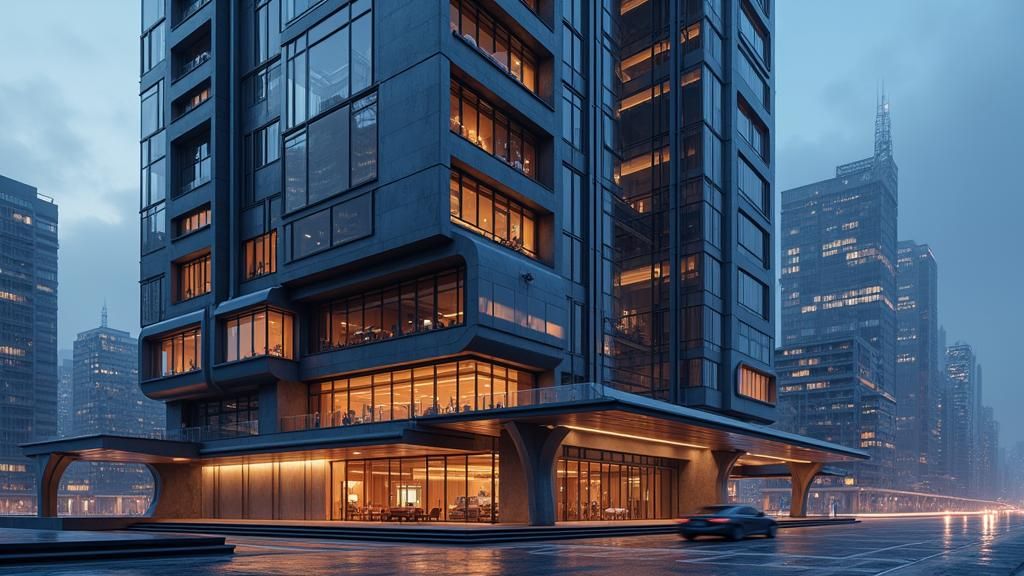 Futuristic High-Rise Building Exterior at Dusk