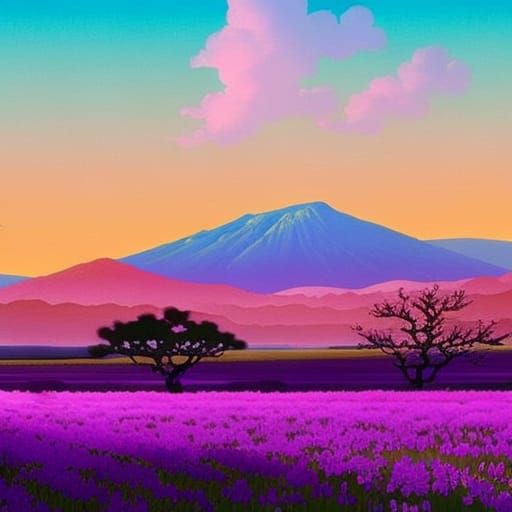 Lavender Valley Sunset in Studio Ghibli Style