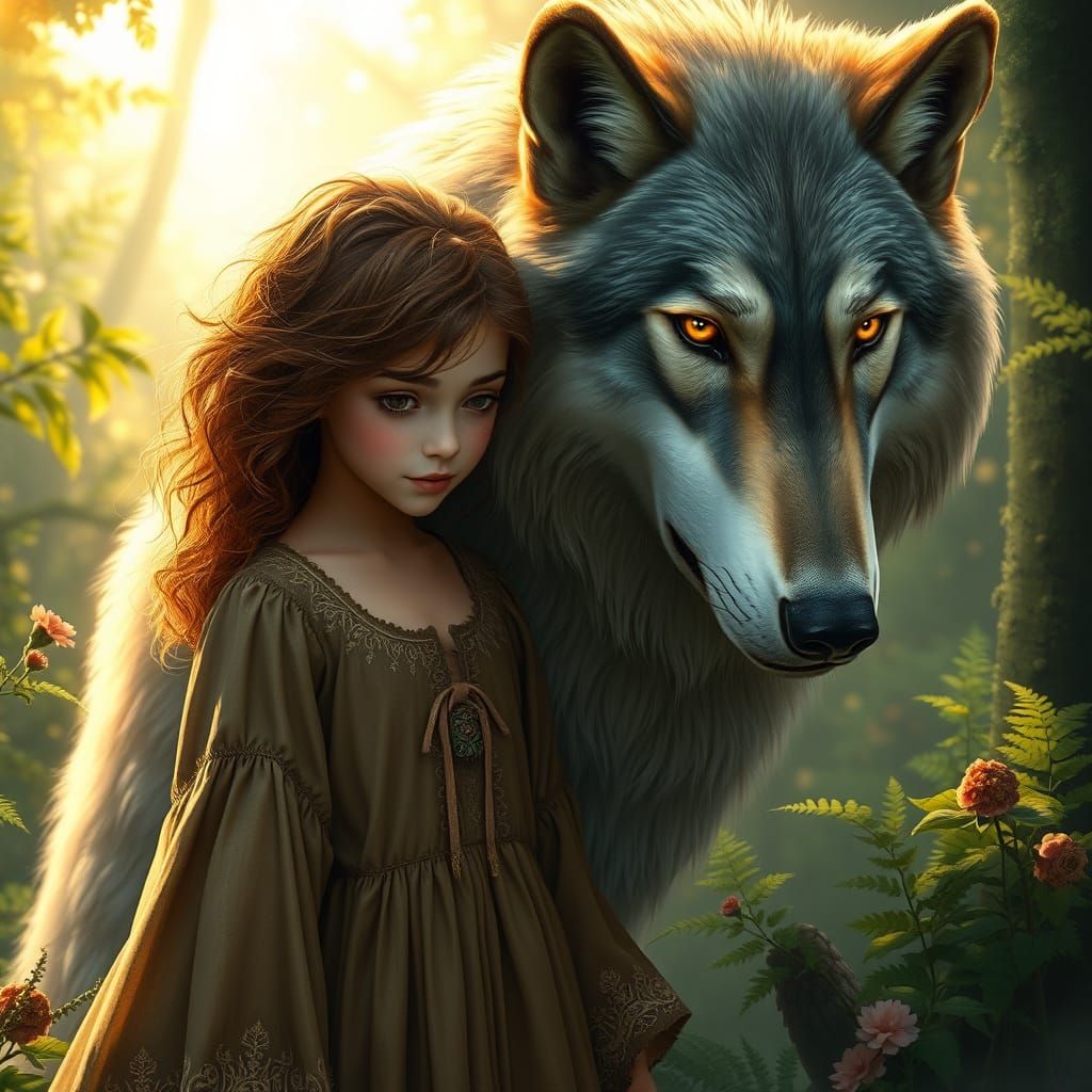 Gentle Girl and Majestic Wolf in a Dreamlike Forest
