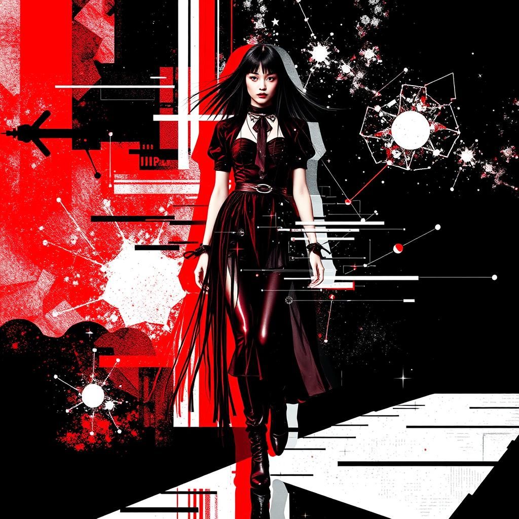 Goth Model on Catwalk in Glitch Art Style