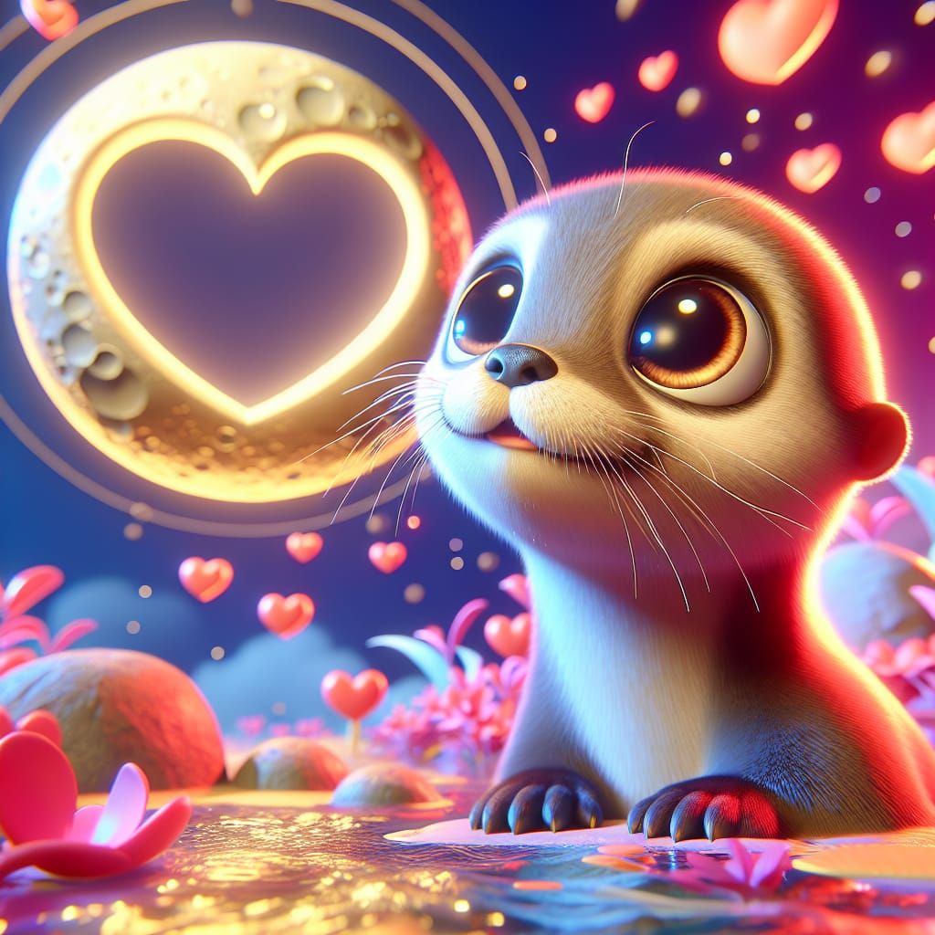 Baby Otter Gazing at Heart Moon in 3D Animation