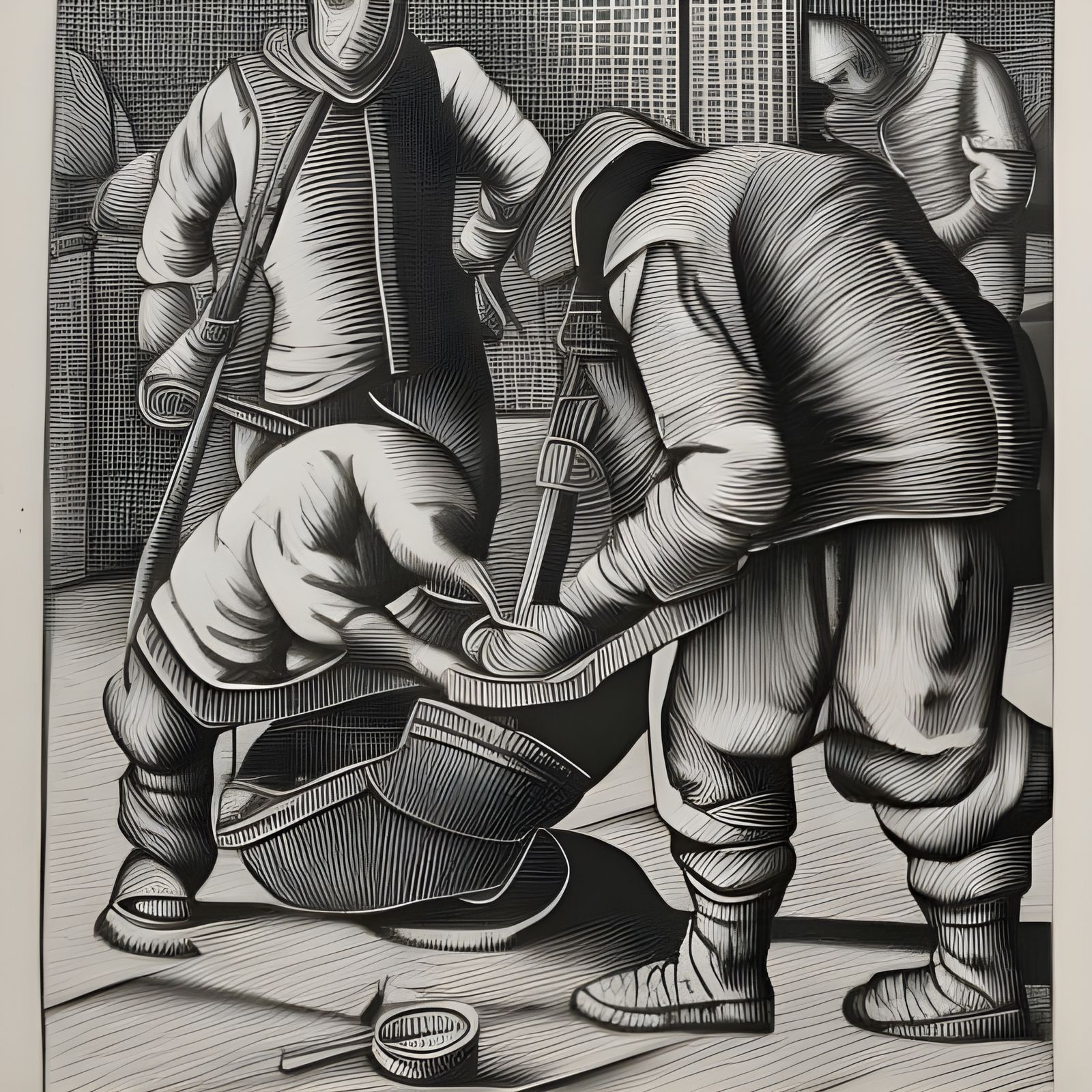 Checkered Workers Forging in Linocut Style