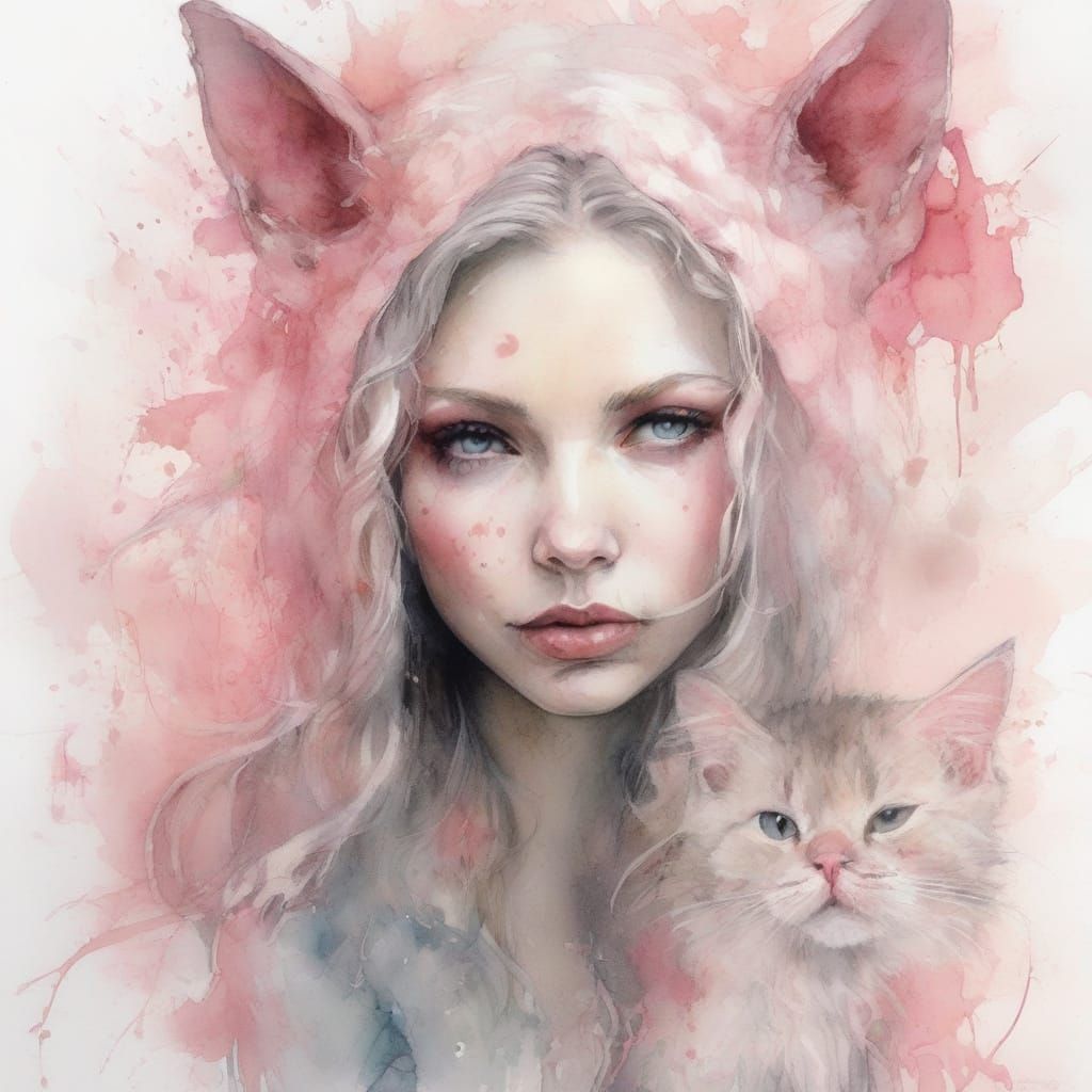 Gothic White Witch with Pink Cat in Watercolour