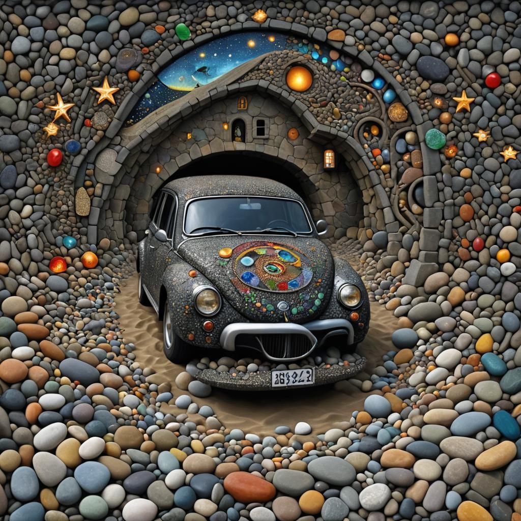 Surreal Car Birdhouse Portrait in Pointillism Style