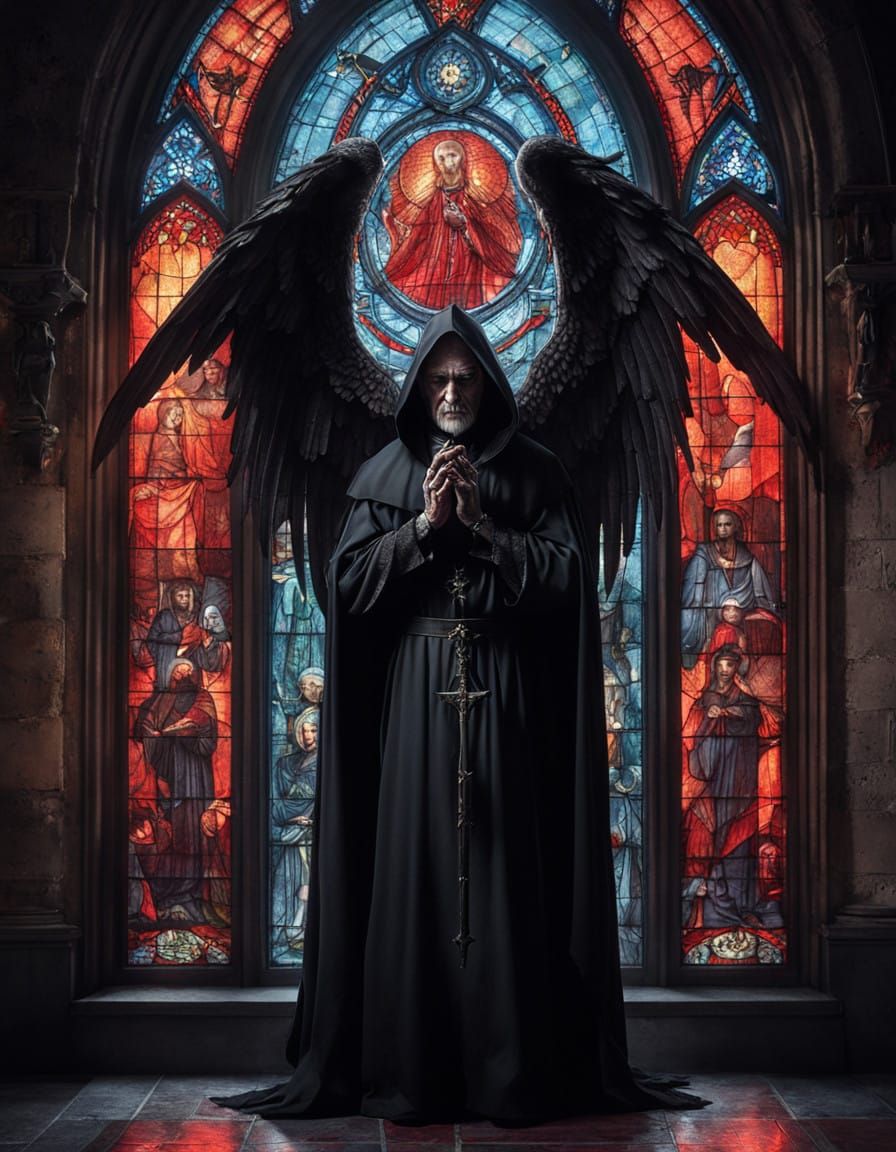 Dark Gothic Saint with Fallen Angelic Pose in Stained Glass....